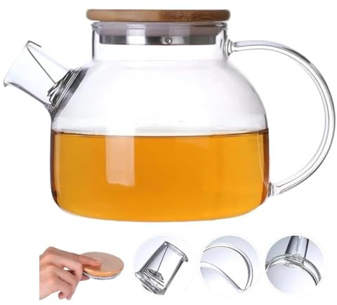 Home & Treat Glass Teapot 1000 ml with Filter Coil and Bamboo Lid | Clear Tea Kettle 1L, Tea Maker with Infuser Strainer for Loose Tea, Stovetop and Microwave Safe