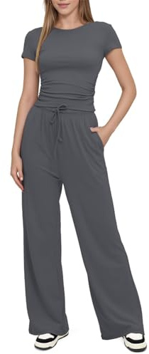 SotRong Two Piece Summer Outfit Women Fashion Leisure Suits Gym Tracksuit Full Set Short Sleeve Crop T-shirt Straight Leg Pants Matching Set Casual Comfy Loungewear Homewear Nightwear Dark Grey XL