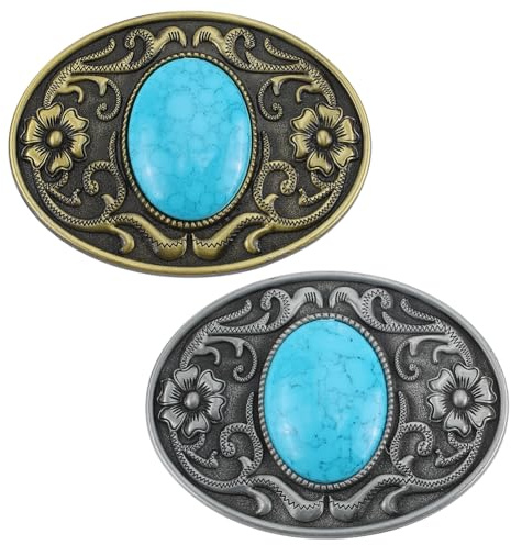 GORGECRAFT Hebilla de Cinturón de Piedra Turquesa Occidental de 2 Color 90×66mm Botones Ovalados de Turquesa India India Americana con Flor para Mujeres Damas Vaquera Vaquero Hombres Bronce Antiguo
