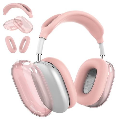MyGadget Zubehör Set kompatibel mit Apple Airpods Max [3 in 1] - 1x Kopfband Abdeckung | 2X Ohrpolster jeweils für Innen & Außen - Silikon Hüllen in Rosa/Transparent