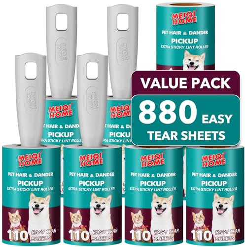 Fusselrollen für Tierhaare Extra klebrig, 880 Blatt Mega Value Set Fusselrolle mit 4 verbesserten Griffen, 8 Rollen Tragbarer Haustier Fusselentferner für Kleidung, Möbel, Teppich, Hund & Katze