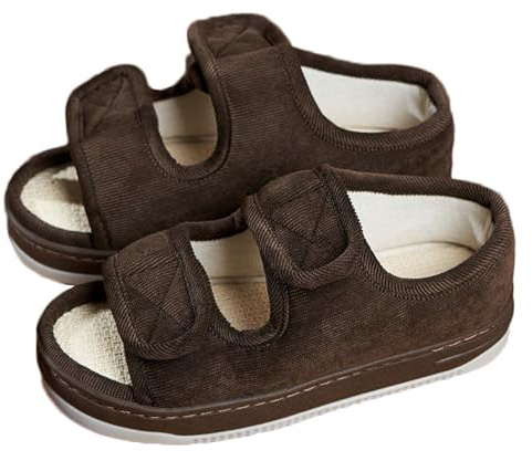 Pantofole gonfie per diabetici da uomo, vestibilità larga, con punta aperta, extra larghe, per edema, regolabili, comode, per anziani, antiscivolo, per casa e per interni, Marrone, 45-46 EU