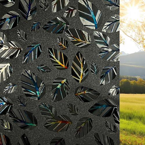 Qualsen Pellicola Oscurante Vetri Finestre 3D Nera Motivi a Foglie 30x120cm, Pellicola Privacy Finestre Effetto Arcobaleno Decorativi Opaca Non Adesiva Anti-UV Pellicole per Vetri Finestra per Casa