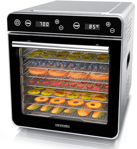 Arendo - Dörrautomat Edelstahl mit 8 Edelstahlgitter - 700 W - 35°-85°C - 8 Edelstahl Einlegetabletts mit insgesamt 6700 cm² - Dörrgerät Dehydrator Obsttrockner Dörrapparat - Obst Fleisch Pilze uvm