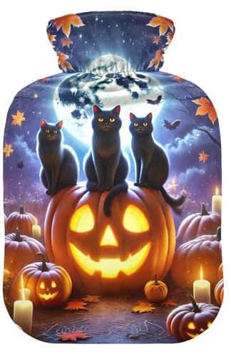 Wärmflasche mit Halloween-Katzen auf Kürbis, mit weichen Bezugsfüßen und Bettwärmer, Wärmbeutel zur Schmerzlinderung, 2 Liter