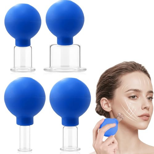 Asfrode Facial Cupping Set, 4 Stück Schröpfgläser mit Saugball Gesichts Vakuum Saug Massage Hals Kopf für Körperstelle Straffe Haut Faltenminderung Entgiftung Anregung Lymphfluss