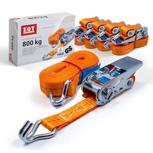EQT 4 Stück 800kg 6m Spanngurte mit Ratsche und Haken zweiteilig DIN EN 12195-2 TÜV GS