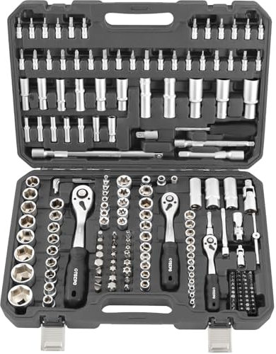 TECPO Steckschlüssel-Satz 1/4, 3/8, 1/2 Antrieb, 192-tlg, feinverzahnte Knarren, aus Chrom-Vanadium-Stahl, umfangreiches Bit & Steckschlüssel Sortiment, für Montage, Reparatur & präzises Schrauben