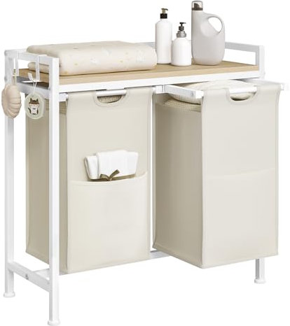 WOLTU Wäschekorb 2 Fächer, jedes 40 L, Wäschesammler mit Ablage Metallrahmen, Oxford-Stoff-Wäschesack ausziehbar abnehmbar, Wäschesortierer Wäschebehälter weiß