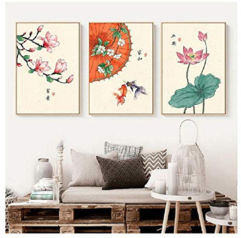 Leinwanddruck im chinesischen Stil, Retro-Blume, Poster und Gemälde, Lotus-Magnolienpflanzen, Heimdekoration, Wandkunst-Bild für Schlafzimmer, 50 x 70 cm x 3 cm, ohne Rahmen