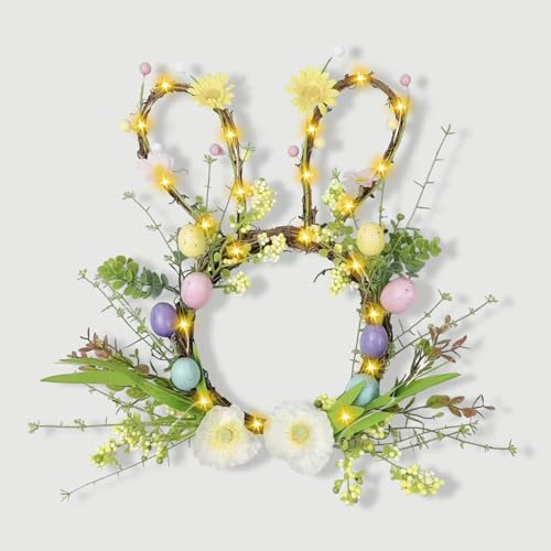 Osterdeko Hase Türkranz, Künstliche Osterkranz mit LED Licht, Türkranz Ostern mit Blumen und Osterei, Leuchtend Türkranz Frühling Batteriebetrieben für Osterdeko, Frühlingsdeko, Haustür Deko (B)