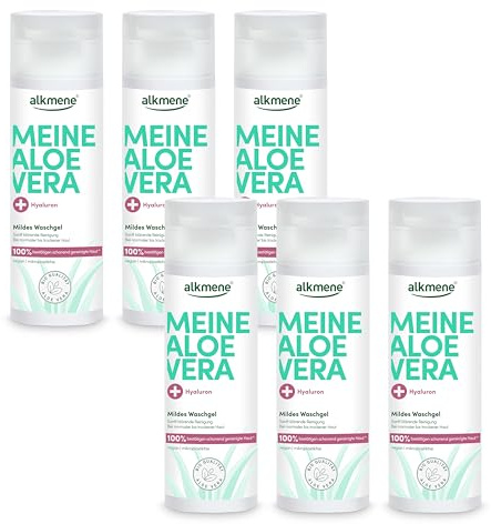 alkmene 6x mild aloe vera tvättgel ansikte med Hyaluron 200 ml | ansiktsrengöring vegansk för normal upp till torr hud - rengöringsgel ansikte, mild