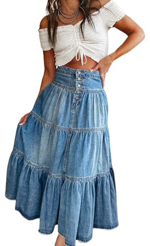 Womens Tiered Ruffle Long Denim Skirt Summer a Line Elastic Wiast Jean Maxi Skirt Western Cowgirl Skirt (01Blue, M)