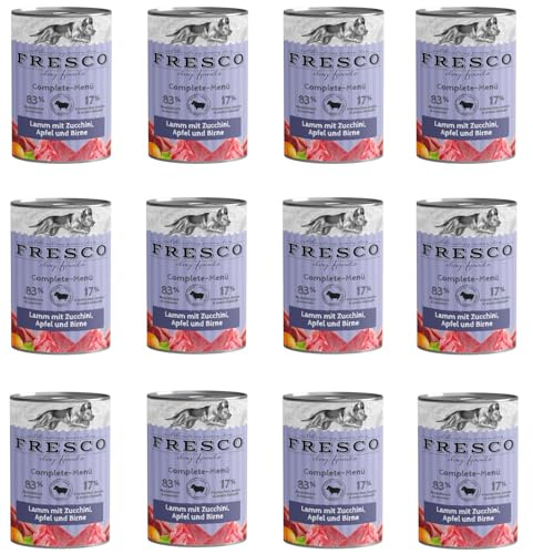 Fresco Complete-Menü Lamm mit Zucchini, Apfel und Chiasamen | 12er Pack | 12 x 400 g | Nassbarf für Hunde | Wichtige Vitamine & Nährstoffe | Grob zerkleinertes Naturprodukt