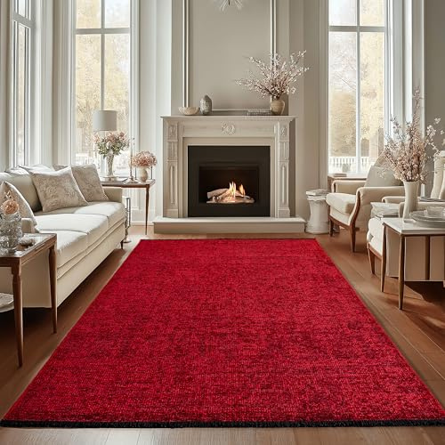Carpettex Chenille Teppich Baumwolle Rot 140x200 cm Boho-Stil, Vintage Kelim, Waschbar, Kurzflor, rutschfest & Weich, Einfarbig Meliert, Für Wohnzimmer, Schlafzimmer, Büro & Küche