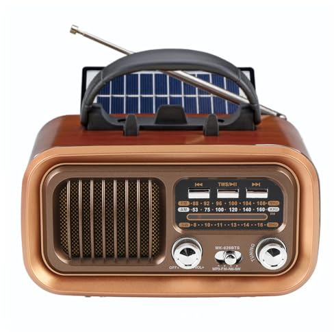 Portable Radio AM FM SW, Retro Transistor Radios with Bluetooth Speaker, Solar/D-Battery Operated/USB Rechargeable, TWS, Support TF Card/USB Playing, for Home, Outdoor (Gold)