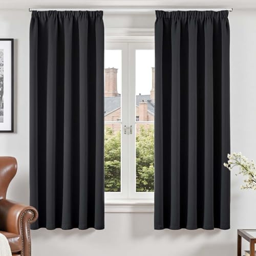 Vangao Kräuselband Gardinen für Schienensystem H175xB140 cm 2er Set Schwarz | Gardinen Blickdicht Kurz Wohnzimmer Küche Schlafzimmer Kinderzimmer Fenster, Thermo Black Blackout Curtains Modern 175 lang