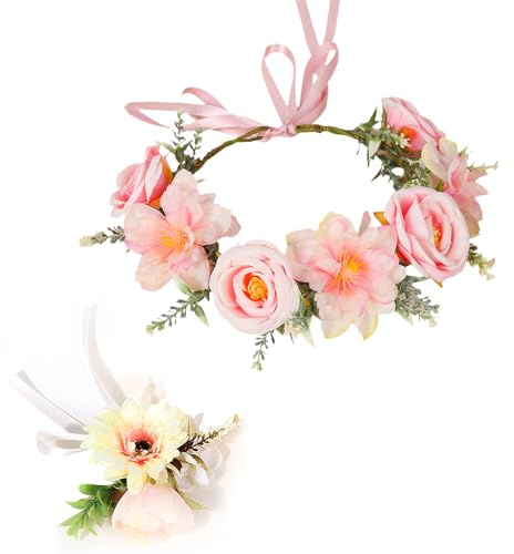 LIULINY 2 Pièces Couronne Fleurs Cheveux, Couronnes de Fleurs Réglable Artificielles, Bandeau de Florale avec Bracelet, Bandeau avec Ruban Réglable, pour Mariage, Cérémonie, Fête, Festival (Rose)