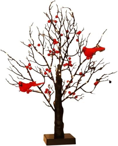 Arbre lumineux vintage avec oiseaux – Lampe d'arbre scintillante à DEL de 53,3 cm avec branches et baies éclairées, bouleau illuminé bonsaï pièce maîtresse pour Halloween, Noël (1)