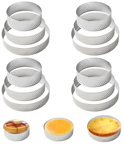 12 Stück Mousse Tartelette Förmchen Ø6/8/10cm Dessert Mousse Ring mit Löchern Edelstahl Tortenringe Dessertringe Perforierter Torten Ring Backringe für Herstellung von Pie Quiche Kuchen Kreis