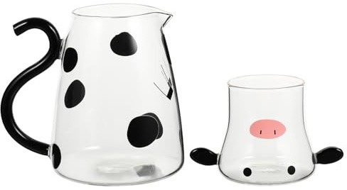 SAFIGLE Pichet Verre Résistant pour Eau Froide avec Tasse Mignonne Motif Vache Micro-ondes et Usage Direct pour Thé Lait Café Boissons Froides et Chaudes