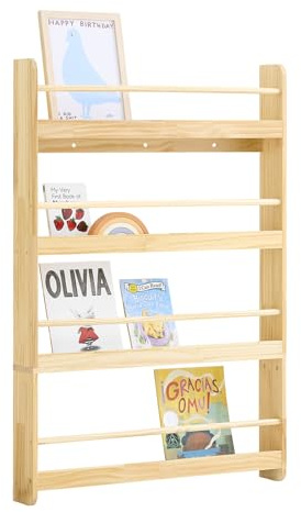 SoBuy Bücherregal Kinder mit 4 Ablagen für Bücher 80x118x12 cm Kinderzimmer | Bücherregal Wand mit Absturzsicherung Kinderregal für Bücher, Spielzeug und Deko, Wandmontage oder freistehend, Natur KMB08-N