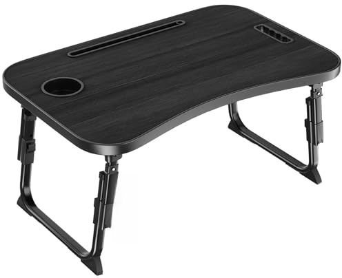 Laptop Table Height Adjustable, Foldable Bed Desk with Cup Holder & Phone Slot, Portable Lap Tray for Working, Eating, and Reading, 60 x 40 x 25-31 cm(Black)
