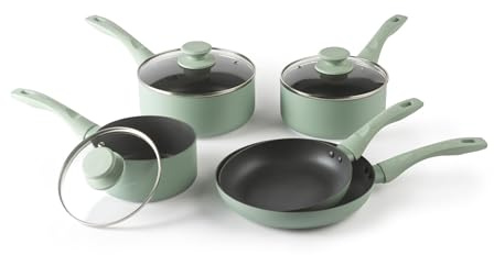Progress Neutrals Pan Set, 5 Piece Non Stick Cookware Set with Glass Lids | 2 Fry Pans 20cm And 24cm, 3 Saucepans 16cm 18cm 20cm, Recycled Aluminium Body, Soft Touch Handles, Tempered Glass Steam Vents