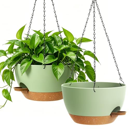 WSMKSZ 33 cm Large Self Watering Hanging Planters Indoor Outdoor, 2 Pack Plastic Hanging Plant Pots with Drainage Holes & Removable Reservoir, Hanging Baskets for Balcony Porch and Flower, Green Brown