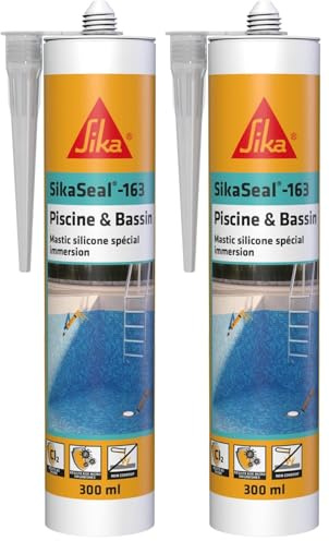 SIKA - Mastic silicone spécial immersion - SikaSeal-163 Piscine & Bassin transparent - Joints de piscines et zones immergées - Résistant au chlore - 300 ml (Lot de 2)
