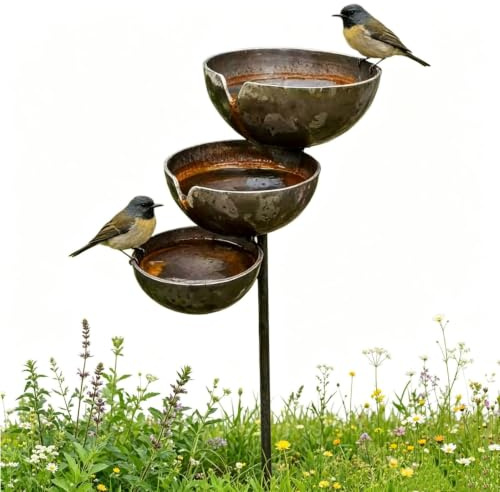 Genérico Recogedores de Lluvia para jardín, estacas metálicas de jardinería con bañera para pájaros, estaca de jardín de Metal Oxidado con recogedor de Lluvia y Cuenco de Agua (1pcs)