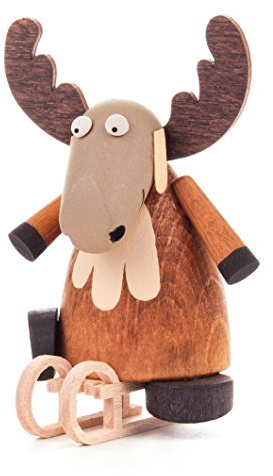 Elch mit Schlitten, Figur aus Holz, Weihnachtsdeko von DREGENO SEIFFEN 7,5 cm – Original erzgebirgische Handarbeit