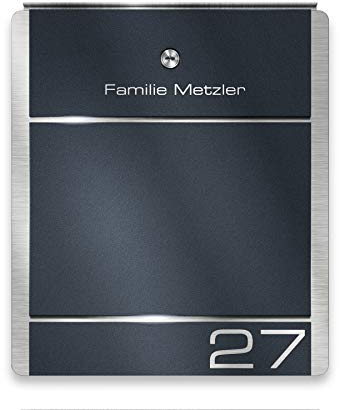 Metzler Briefkasten aus Edelstahl in Anthrazit RAL 7016 mit Namensschild und Hausnummer - Wandbriefkasten Personalisiert mit Gravur und Zeitungsfach optional - Wasserdicht & rostfrei | Moris
