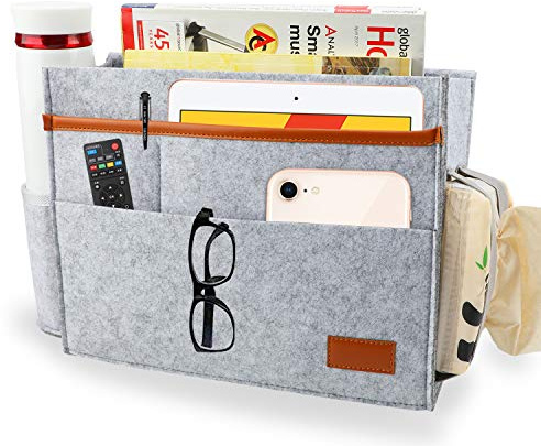 Dicker Filz Betttasche, Hängeaufbewahrung Caddy Storage Organizer Aufbewahrungstasche mit 5 Tiefen Tasche für Buch, Tablet, Tasse, Ipad und Fernbedienung Perfekt für Hochbett, Babybett, Sofa(Grau)