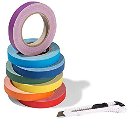 Gewebeband-Set Gaffa, beschichtetes Klebeband im Rainbow-Set inklusive 1 Cutter, 7 Rollen stark haftendes Gaffa-Tape, je 19 mm Breite x 25 m Länge, rot/orange/gelb/grün/hellblau/blau/lila