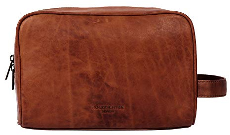 HOLZRICHTER Berlin - Kulturtasche aus Leder für Damen & Herren (No-3-1), Kulturbeutel 15x25x13cm, Echtleder Waschtasche, Cognac