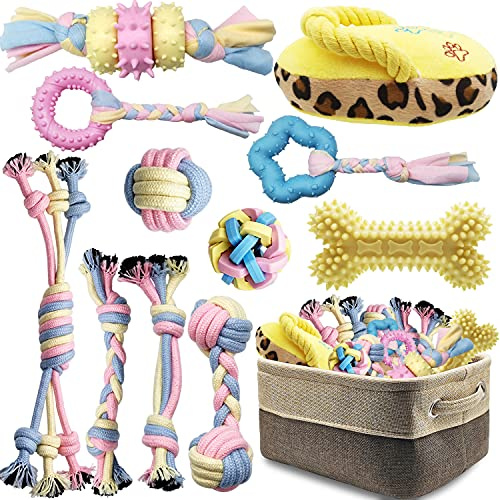 Welpenspielzeug für kleine Hunde, interaktives Hundespielzeug, Kauspielzeug-Set für die Zahnreinigung, 12 Stück, Kauspielzeug für Welpen, Haustierspielzeug, Hundeleine und Spielzeug-Aufbewahrungskorb