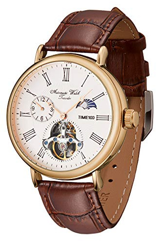 IME100 Orologio Automatico Meccanico Uomo Tourbillon Style Dual Time Zone Calendario Aziendale Cinturino in Pelle Vera Resistenza All'Acqua(Marrone)