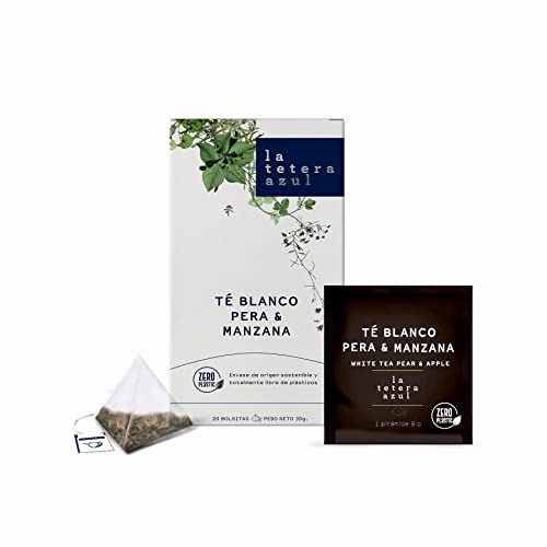 LA TETERA AZUL Té Blanco, Pera & Manzana. Exquisito cóctel de té blanco, manzana y pera. 20 Pirámides Envueltas Individualmente.