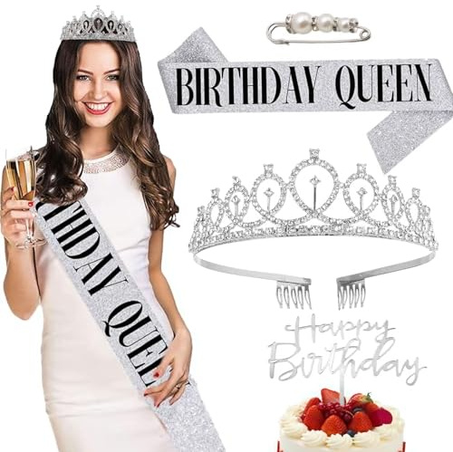 Exbrith 4 Stück Geburtstagskrone und Schärpe für Damen, Strass Tiara Kit, Prinzessin Krone, Strass Tiara Kit, Birthday Krone für Party, für Geburtstag Geschenk Party Zubehör und Dekorationen
