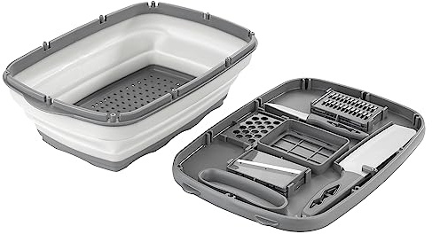 Maximex Multifunktionaler Küchenhelfer, vielseitig einsetzbar, 10 Funktionen, Schneidebrett, Korb und Sieb in einem, inklusive Reibe und Messer, platzsparend für kleine Küchen und Camping, 34x24x5cm