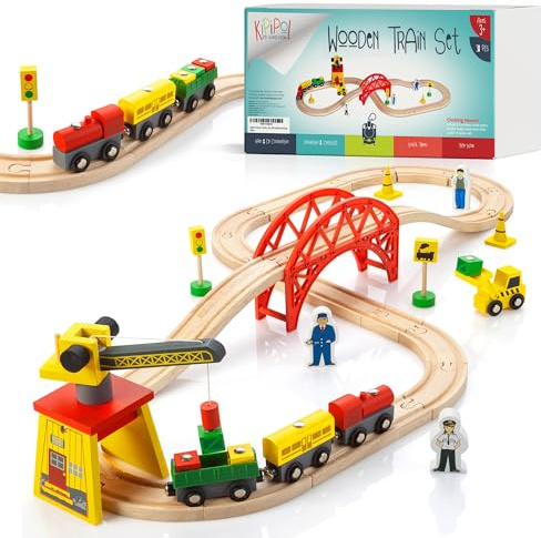 KipiPol Wooden Train Sets for Boys 2-4-7 – 38 Pcs Wood Train Set for Toddlers w/Crane, Bridge & Wooden Train Tracks – Train Toys for 3 Year Old Boys & Girls – Fits Thomas Brio IKEA Melissa and Doug