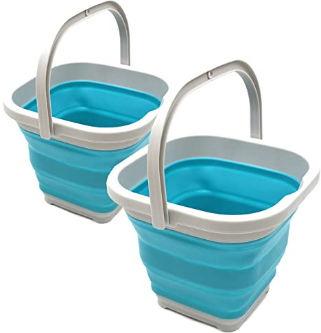SAMMART 5L quadratischer zusammenklappbarer Kunststoffeimer – Faltbare quadratische Wanne – tragbarer Angelwassereimer – platzsparender Wassertopf für den Außenbereich (Hellblau (2er-Set))