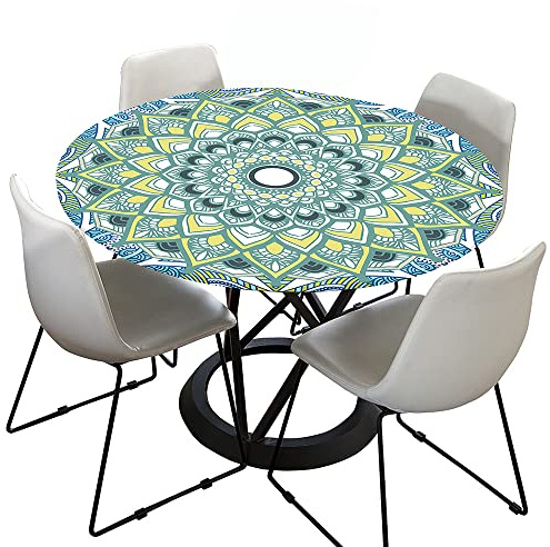 Morbuy Rund Tischdecke Elastisch, Lotuseffekt Tischdecke Abwaschbar Tischdecken Mandala Drucken Gartentischdecke Indoor Outdoor Tischtuch (Durchmesser 100cm,hellblau)