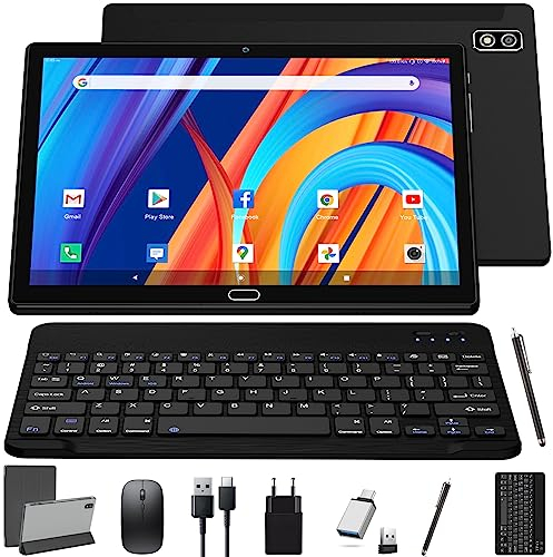 KADYBE 2025 Neueste Android 13 Tablet 10 Zoll,2-in-1 Tablet Mit 2 SIM Slots 1 SD, 64GB ROM TF 512GB,Octa-Core,Tablets PC mit Tastatur Maus Schutzhülle,1080 LCD,5MP+13MP,WiFi GPS OTG-Typ C(Schwarz)