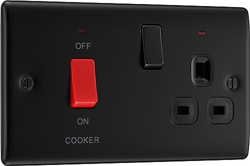BG Electrical Cooker Switch with Socket and LED, Cooker Control Unit, Control Socket, Double Pole, Raised Profile, Round Edges, Nexus Metal, Matt Black, 45A, NFB70B