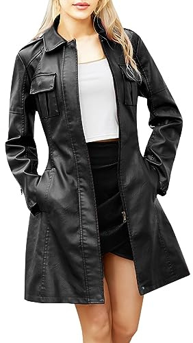 Lederjacke, mittellang, für Damen, britischer Ledermantel mit Gürtel, Trenchcoat, lässig, Revers, Langarm, britischer Mantel, Slim und elegant, modisch, warm, Mantel