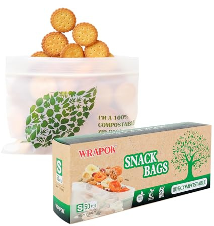 WRAPOK 100 % komposterbara snackspåsar liten biologiskt nedbrytbar frys smörgås förvaringsväska för kakor kex, 50 st - 15 x 9 cm