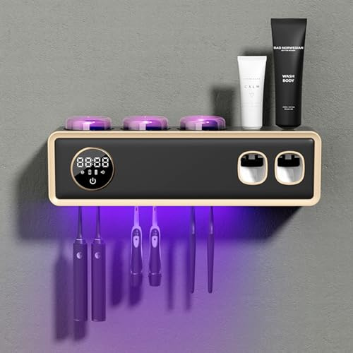 Halter für UV-Zahnbürsten-Desinfektionsmittel, UV Desinfektions Zahnbürstenhalter mit Trocknen, mit 2 Wand Badezimmer Automatischer Zahnpastaspender, LED-Touchscreen, 6 Zahnbürstenfächern-Black