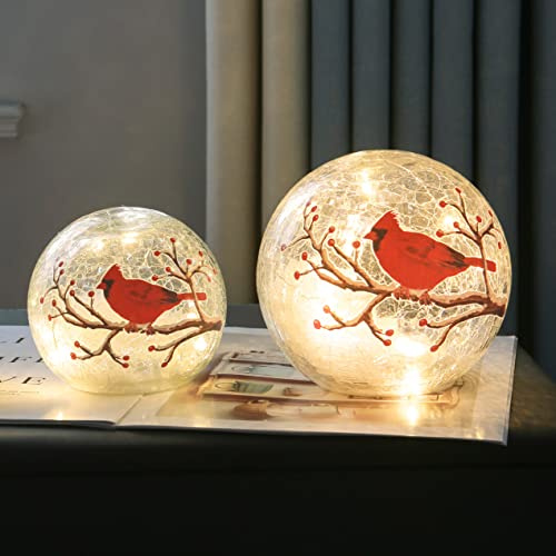 Large Crackle Glass Ball Cardinal Lamp - Light Up Red Bird Stained Christmas Decor Accent, Orb Night Light, LED Sphere Desk Table Lamp